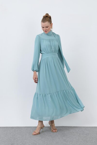 Puane Kadın Drape Detaylı Yüksek Yaka Elbise - 12613ELB - Mint