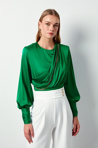 Sateen Green Satin Blouse - Front Chain