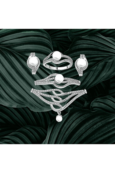 TRİA SİLVER 925 Ayar Gümüş Modern Kavisli Model İnci Ucu Takı Seti | Kolye Uc...