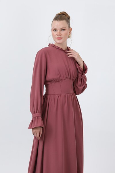 Puane Kadın Beli Korsajlı Yakasıl Detaylı Elbise -12614ELB - ROSE