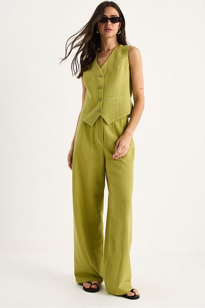 Bianco Lucci Women Linen Vest High Waist Pants Suit Bottom-Top 9257 60281047