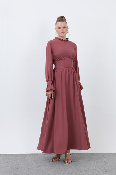 Puane Kadın Beli Korsajlı Yakasıl Detaylı Elbise -12614ELB - ROSE