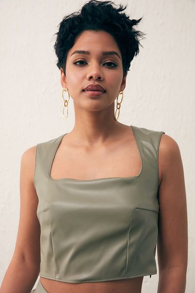 Sateen Square Collar Leather Crop Blouse - Green
