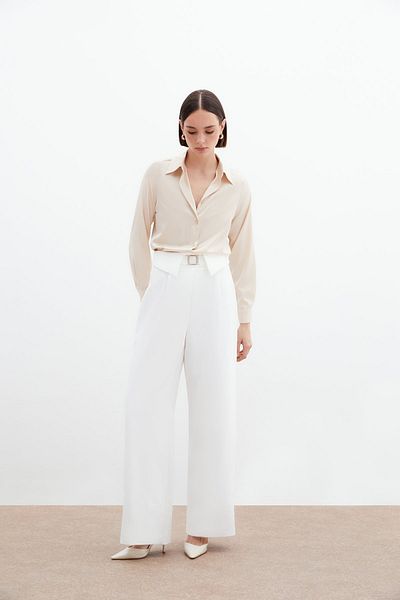 Sateen Pantaloni largi cu talie detaliată - Ecru