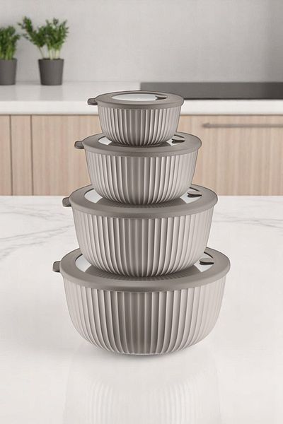 Sevinse Home Dora Set of 4 Vacuum Sealed Storage Containers with Lids, Microwave and Freeze Suitable Beige Vacuum Bowl