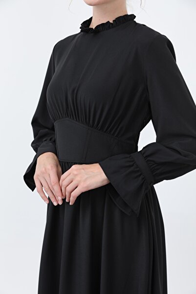 Puane Women's Waist Corsage Collar Detailed Dress -12614Elb - Black