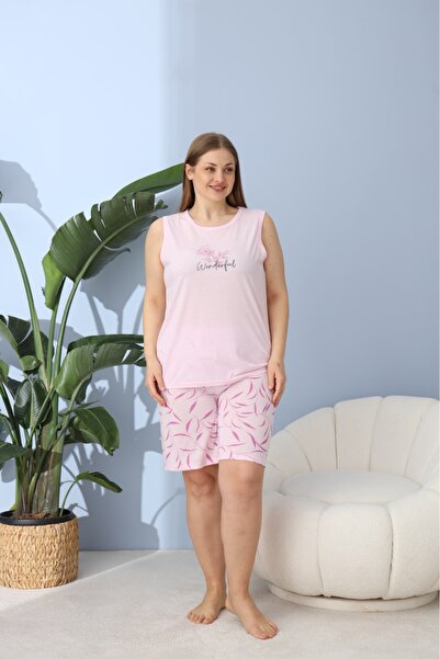 makkash Women's Summer Tank Top - Shorts Plus Size Oversize Light Pink Pajama Set
