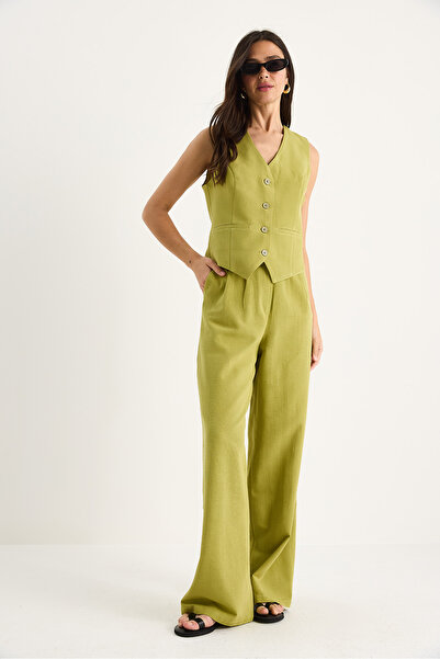 Bianco Lucci Γυναικείο λινό γιλέκο με ψηλόμεσο παντελόνι κάτω-πάνω κοστούμι 9257 60281047