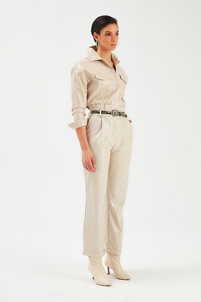 Sateen Double Leg Belted Leather Trousers - Stone