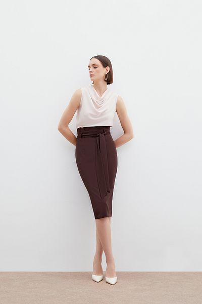 Sateen Belted Pencil Skirt - Brown