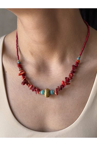 dela otantik Handmade Authentic Beaded Red Necklace – Coral Stone Ethnic Bohemian Vintage Bijouterie Jewelry