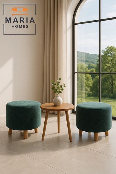 MARIA HOMES Round Green Velvet Ottoman Stool – with Wooden Legs for Living Room & Bedroom