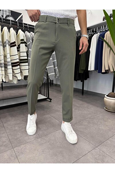 Butik Kemer Detaylı Duble Paça Kumaş Pantolon Haki