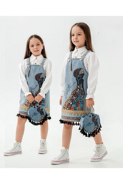 Pasur Bebe Rochie Gilet pentru fete cu imprimeu, cu camasa si geanta