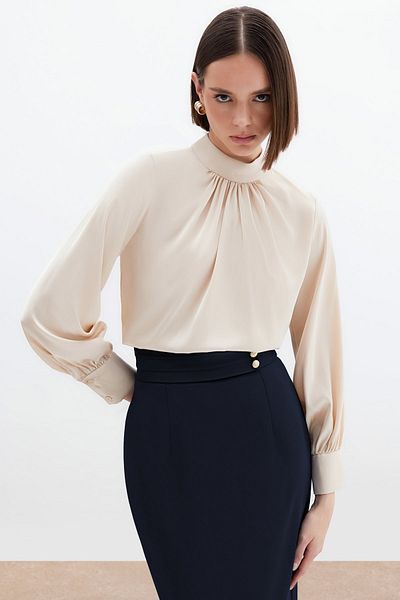 Sateen Satin Blouse with Collar Detail - Beige