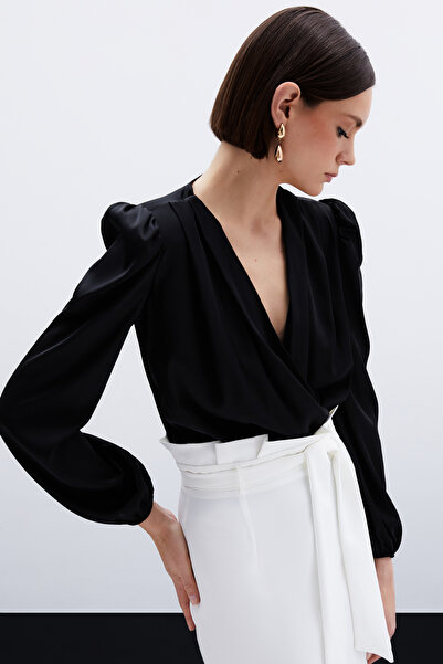 Sateen Black Satin Double Breasted Bodysuit Blouse