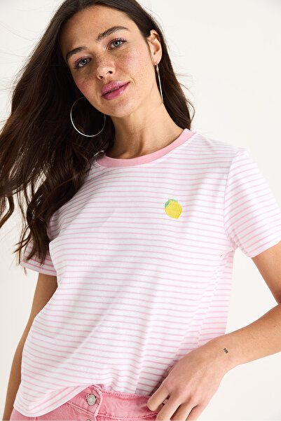 Bianco Lucci Γυναικείο μπλουζάκι με λεμόνι ριγέ βαμβακερό Basic 3369 60283387