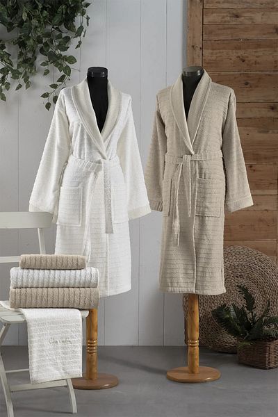 Pierre Cardin 100% Cotton Patterned Cream-Mink 2 Bathrobes & 2 Face Towels & 2 Bath Towels 6-Piece Bathrobe Set