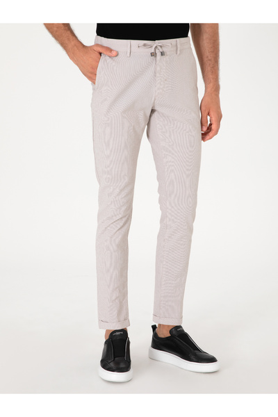 Cacharel Bej Slim Fit Gofreli Beli Bağcıklı Spor Pantolon 50305618-VR011