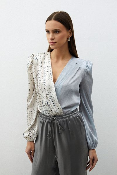 Sateen Gray Double Patterned Double Breasted Blouse