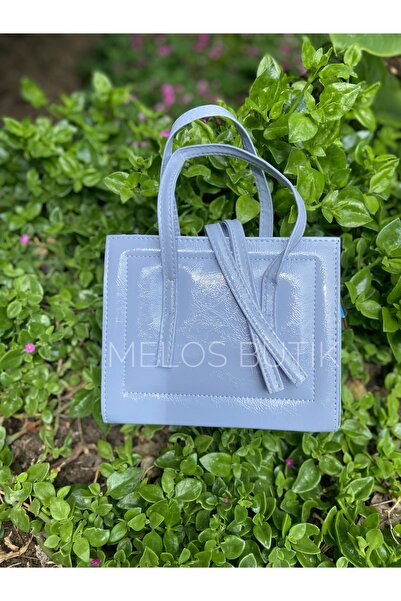Melos Butik Дамска бебешко синя квадратна кожена чанта за ръка и рамо