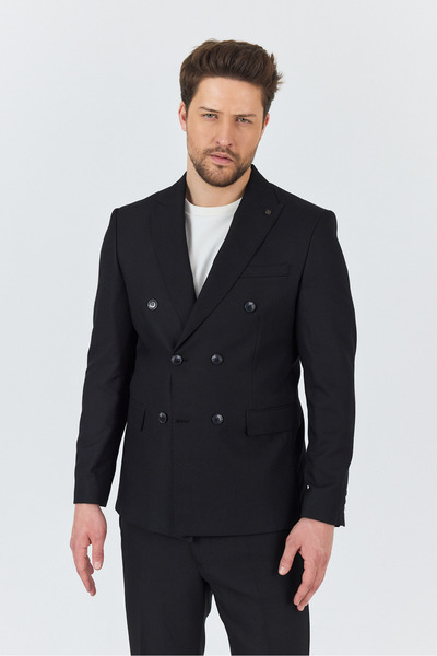 Frappoli Petek Men's Black Self-Patterned 4-Season Slim Fit Double Breasted Suit