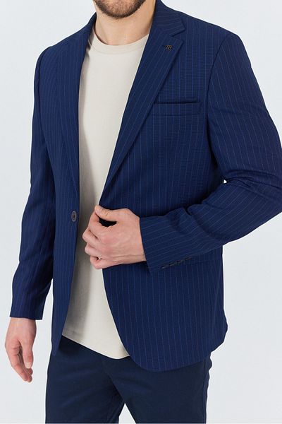 Frappoli Dario Ανδρικό ριγέ Navy Blue Πολυεστερικό ύφασμα μονό γιακά Sports Slim Fit Slim Fit Blazer Jacket