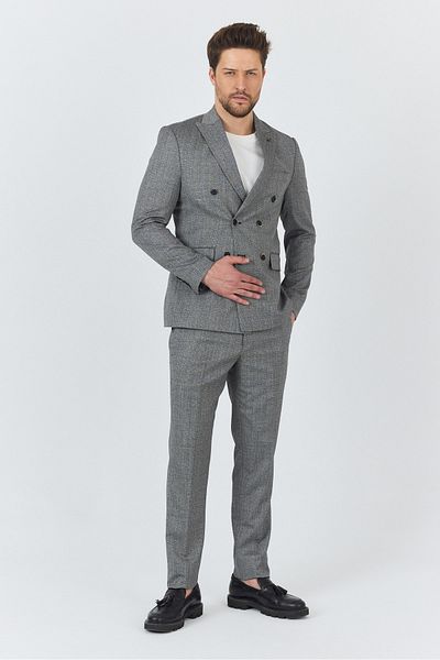 Frappoli Reggina Men's Black-Grey Self Patterned 4-Season Slim Fit Double Breasted Suit