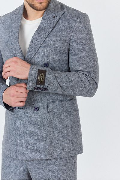 Frappoli Reggina Men's Navy Blue-Grey Self Patterned 4-Season Slim Fit Double Breasted Suit