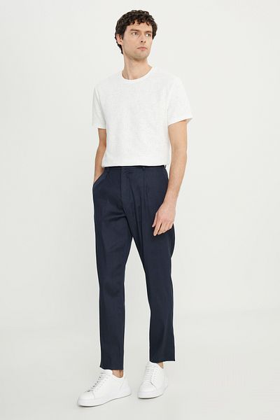 ALTINYILDIZ CLASSICS Men's Navy Blue Linen Slim Fit Slim Fit Elastic Waist Side Pocket Stretchy Trousers