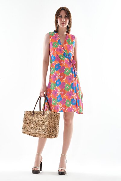 EXPLOSION Desenli Beli Bağlamalı Mini Elbise