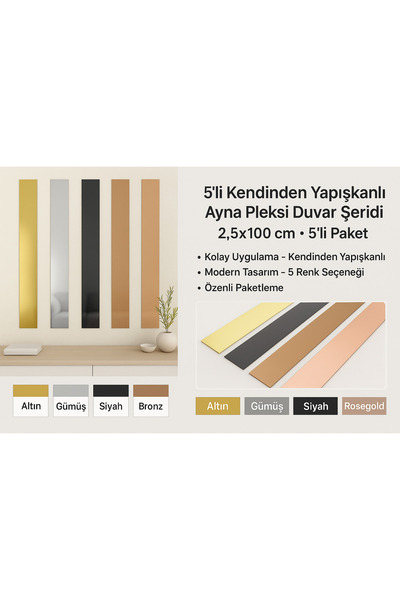 Home 5'li Kendinden Yapışkanlı Ayna Pleksi Duvar Şeridi - 2,5x100 cm (Altın/G...