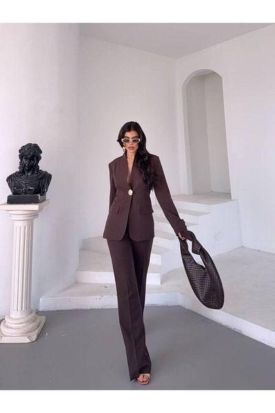 STMT BUTİK Women's Gold Button Detailed Blazer Jacket and Pants Suit – New Season
