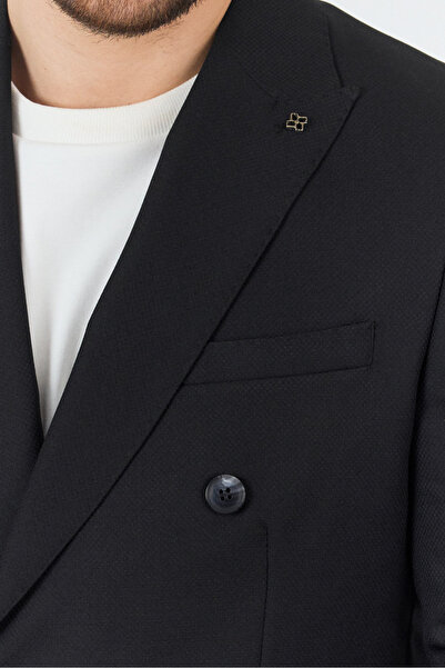 Frappoli Petek Men's Black Self-Patterned 4-Season Slim Fit Double Breasted Suit