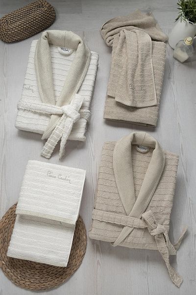 Pierre Cardin 100% Cotton Patterned Cream-Mink 2 Bathrobes & 2 Face Towels & 2 Bath Towels 6-Piece Bathrobe Set