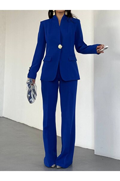 STMT BUTİK Kadın Altın Düğme Detaylı Blazer Ceket ve Pantolon Takım – Yeni Sezon
