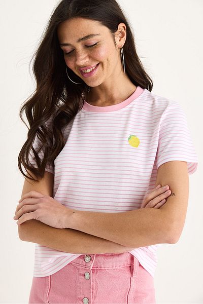 Bianco Lucci Women's Lemon Embroidered Striped Cotton Basic T-Shirt 3369 60283387