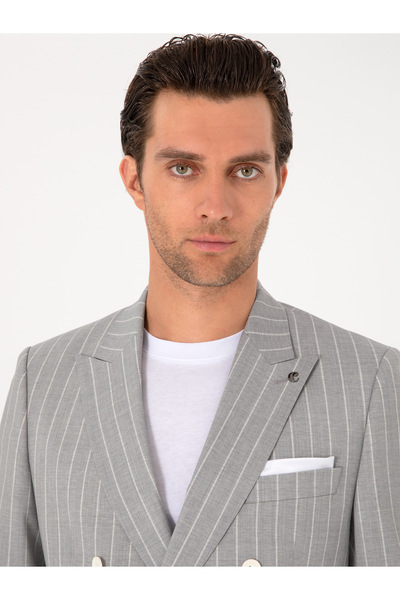 Cacharel Açık Gri Slim Fit %100 Yün Çizgili Kruvaze Takım Elbise 50306346-VR001