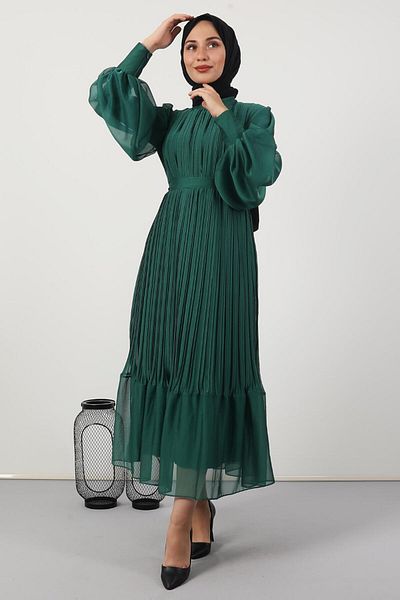 GİYZAMİLA Pleated Janjan Evening Dress Green