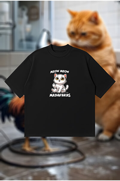 PURE POWER Tricou Meow Madafaka pisică Boxy Fit supradimensionat unisex trico...
