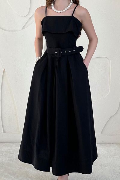 Elbee Fashion Woman Waist belt strap pleated dress