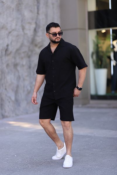 MYRAB DENİM Black Color Shirt Shorts Men's Linen Suit Oversize Fit