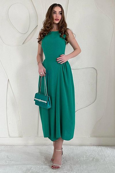 Elbee Fashion Woman Midi Length Basic Linen Dress