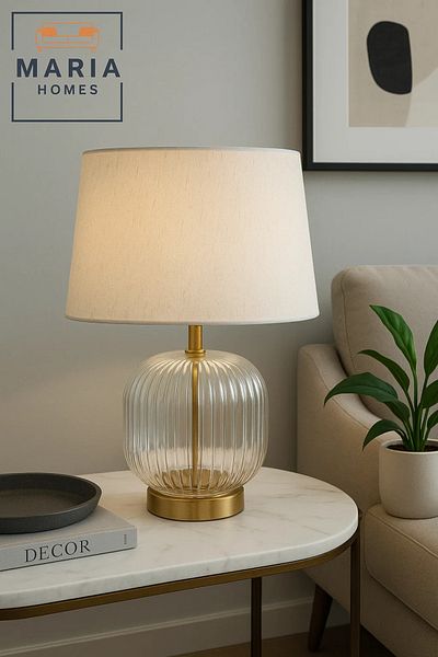 MARIA HOMES Glass Table Lamp with Ribbed Base and Fabric Shade