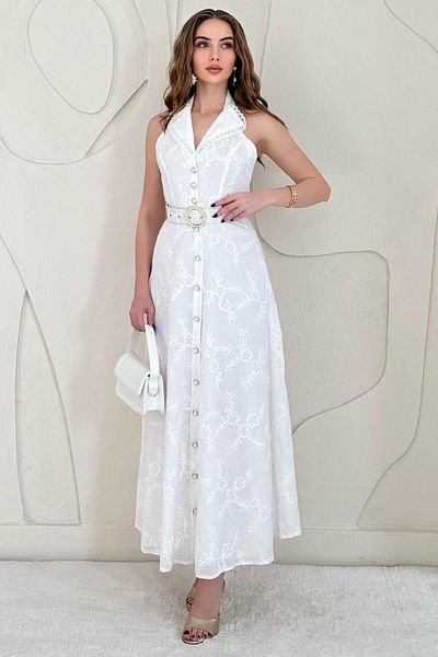 Elbee Fashion Woman Φόρεμα με μαργαριταρένια ζώνη με λεπτομέρειες
