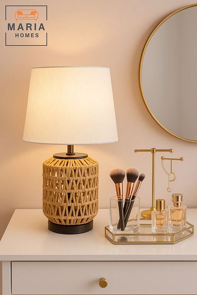 MARIA HOMES Woven Rattan Table Lamp with White Shade