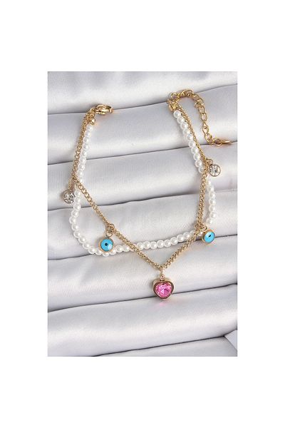 maarketim 316L Steel Gold Color 2 Piece Pearl Chain Dangle Pink Heart Model Evil Eye Bead Detail Women's Bracelet