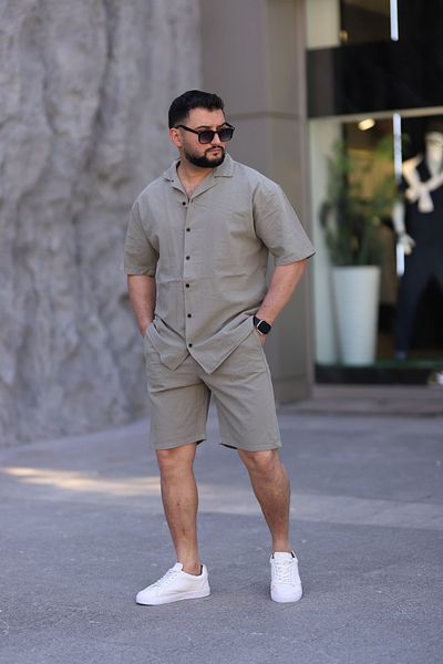 MYRAB DENİM Çağla Green Color Shirt Shorts Men's Linen Suit Oversize Fit