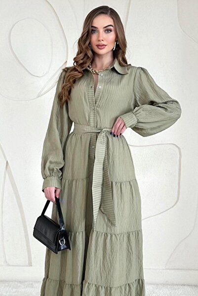 Elbee Fashion Woman Πράσινο μακρύ φόρεμα με ρίγες από ζακάρ