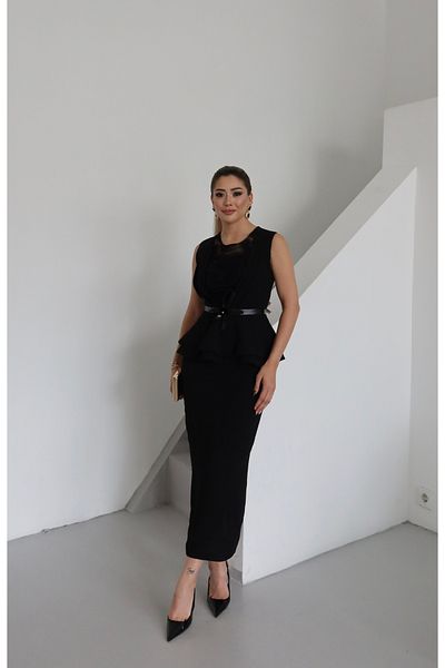 1Moda1Tarz Γυναικείο φόρεμα ειδικής σχεδίασης με εισαγόμενο υφασμάτινο αξεσουάρ, ζώνη και κεντημένη με πέτρα επένδυση